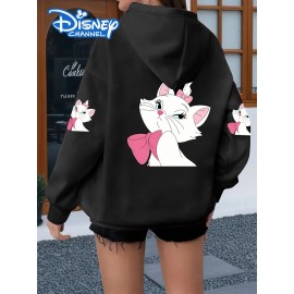 Women's Plus Size Hooded Zipper Jacket - 3-Panel Cartoon Cat Print with Pink Bows, 100% Polyester Machine-Washable Spring/Fall Casual Outerwear, Gift for Fans, Fall Fashion, Playful Design, Comfortable Fit, Cozy Outerwear, Fashion Lovers
