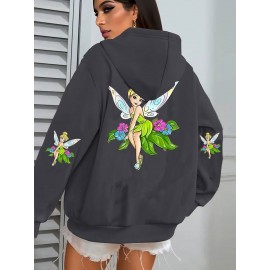 Multi-Color Disney Women's Plus Size Oversized Tinker Bell Fairy Graphic Hooded Sweatshirt - Cozy Zipper Hoodie with Full Back Cartoon Print, Soft Casual Pullover for Fall/Winter (Machine Washable, Officially Licensed)