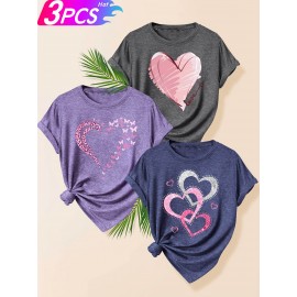 [Cute Heart T-Shirts] 3pcs Women's Heart Graphic T-Shirts | Casual Crew Neck Short Sleeve Tops with 