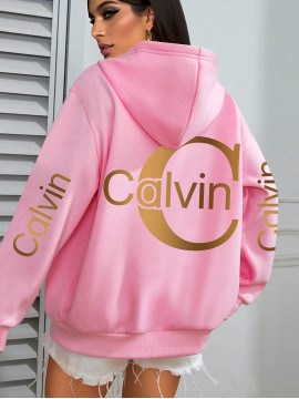 Women'S Calvin Graphic Hoodie - Black with Golden Lettering, Cozy Fall/Winter Pullover Sweatshirt, Hooded Sweatshirt for Everyday & Formal Outfits, Casual Wear, Trendy Design, Comfortable Fit, Stylish Hoodie, Fashion Lovers