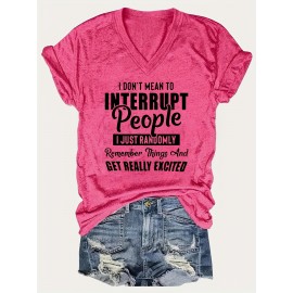 Women'S Casual V-Neck T-Shirt with Alphabet Print, Polyester 60%, Rayon 35%, Spandex 5%, Medium Stretch Knit Fabric, Regular Length, for Spring/Summer/Fall - 180g/m²