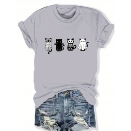 Plus Size - Women'S Plus Size Halloween Cat Print T-Shirt - Black Casual Crew Neck Tee with Playful Cartoon Cats, Breathable & Comfortable for Casual Attire, Halloween Shirts